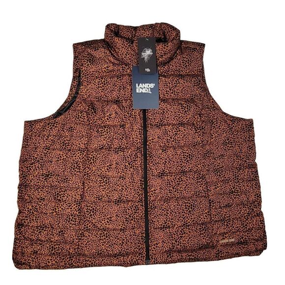 Lands End Puffer Vest Womens 3X (24-26W) 600 Down Leopard Water Resistant NEW - Picture 1 of 15